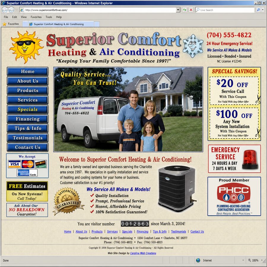 A dated, cluttered small business website before a redesign