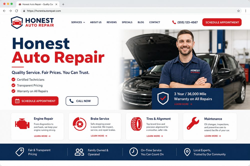 Example Auto Repair small business website headlined Honest Auto Repair