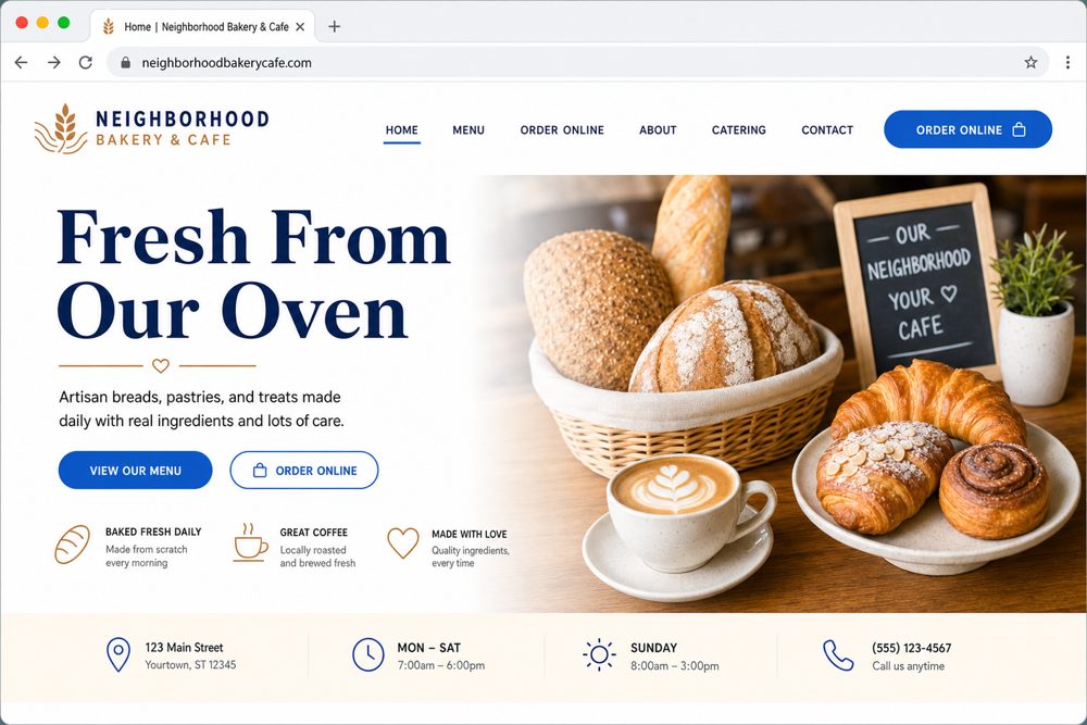 Example Bakery & Cafe small business website headlined Fresh From Our Oven