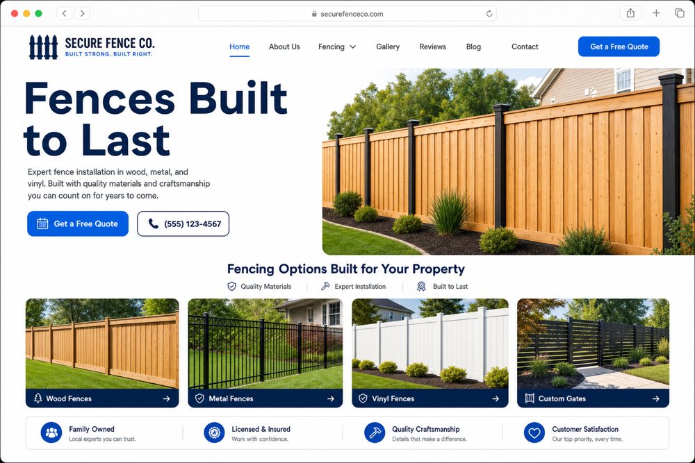 Example Fencing small business website headlined Fences Built to Last