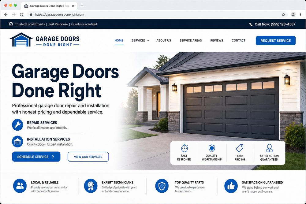 Example Garage Doors small business website headlined Garage Doors Done Right