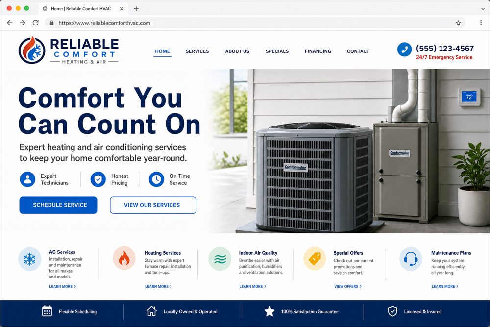 Example HVAC & Air small business website headlined Comfort You Can Count On