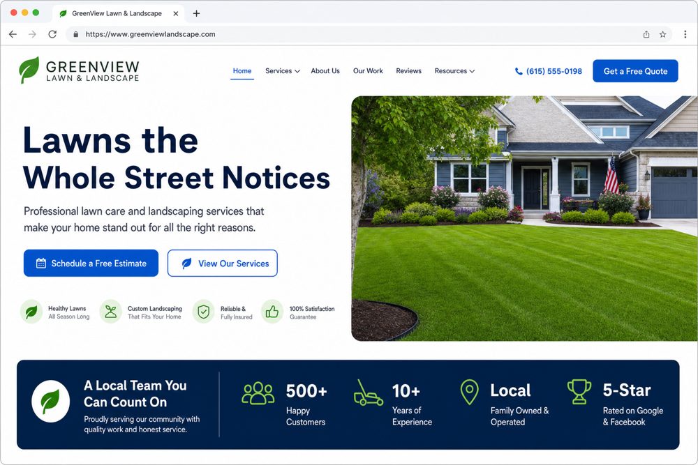 Example Lawn Care small business website headlined Lawns the Whole Street Notices