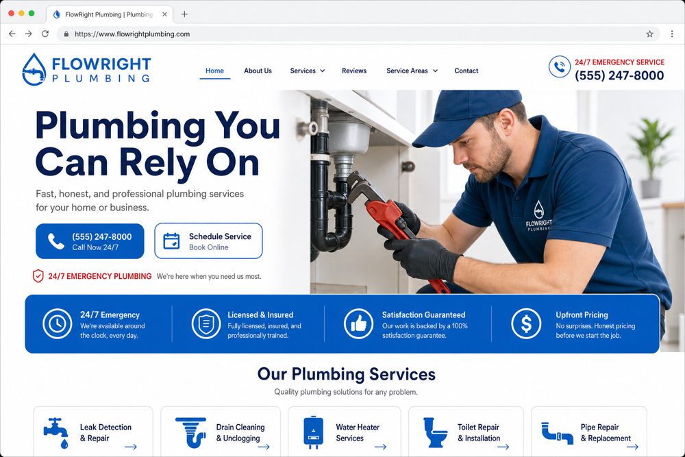 Example Plumbing small business website headlined Plumbing You Can Rely On