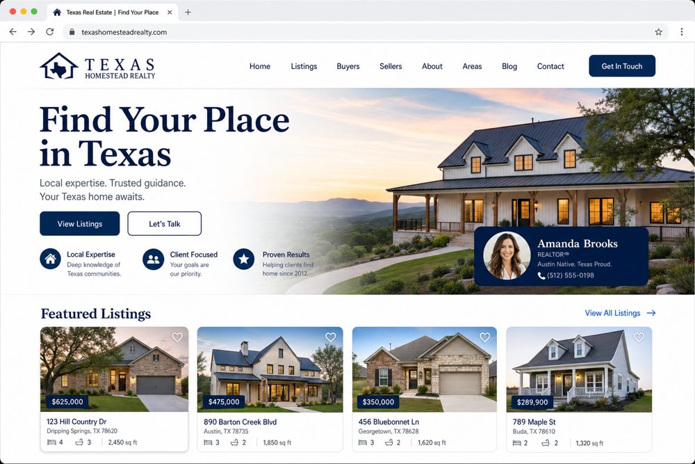 Example Real Estate small business website headlined Find Your Place in Texas
