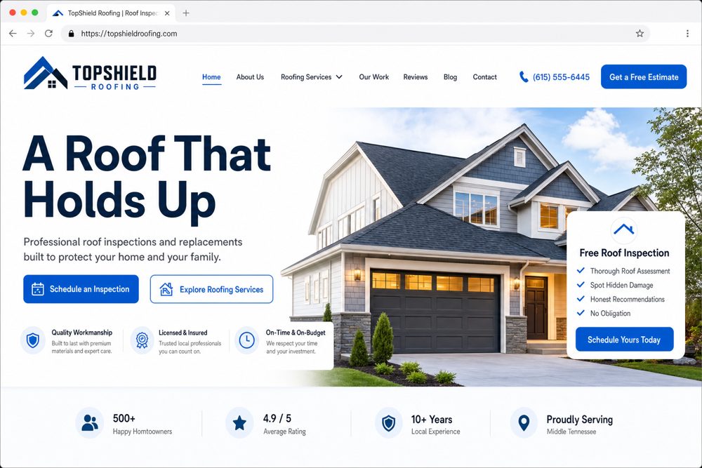 Example Roofing small business website headlined A Roof That Holds Up